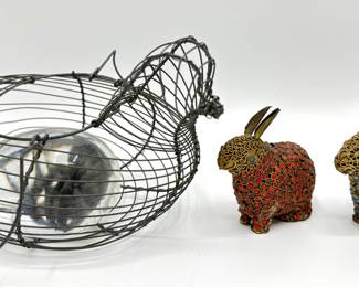 2 Vintage Indian Rabbit Figurines With Coral & Turquoise Beads & Wire Duck With Glass Egg
Lot #: 100
