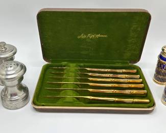 New In Box Vintage Saks 5th Avenue Gold Tone Bamboo Style Steak Knives & 8 Cobalt Glass Salt Shakers
Lot #: 157
