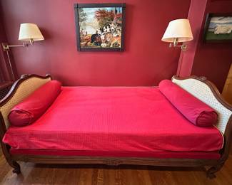 Vintage French Louis XV Style Day Bed With Green & White Upholstery & Red Bedspread With Pillows
Lot #: 41