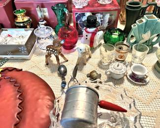 Small glass and crystal collectibles, Roseville, etc.