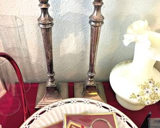 Tall silver tone candle sticks, Lenox, Fenton, etc.