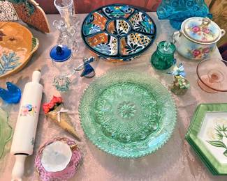 Green sandwich glass plate, Talavera style pottery, crystal misc., and more