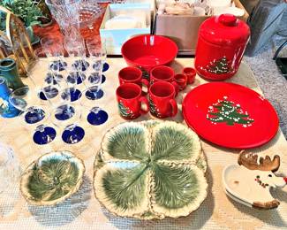 Red Christmas dish set, Fitz and Floyd, etched blue stemmed glasses, etc.