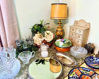 Antique plateau mirror, Fostoria American glassware, Talavera style dishes, and more!