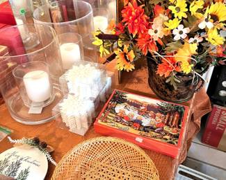 Fall foliage, basket, Lenox, hurricane pillars, vintage folding mirror, etc.