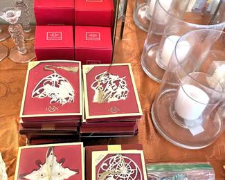 Lenox boxed ornaments, pillar hurricanes, glass candies, etc.