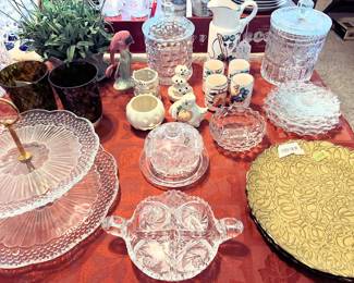 Lead crystal, Fostoria American glassware, 2 tiered tidbit dish, etc.