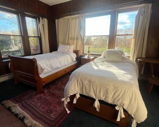 Twin beds and wool rug
