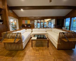 Mid century maple pit style sectional with removeable accent side display shelves 