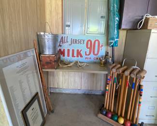 Fabulous antique jersey milk sign is two sided, Patio umbrella, croquet set put some fun back in your life