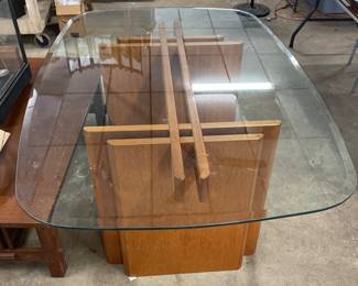 1970s Gustav Garde for Trakanten Teak Fishbone Dining Table original Beveled Glass signed.