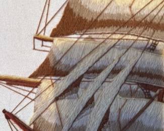 Vintage Embroidered Sailing Ship Artwork
