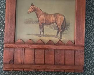 Vintage Horse Painting in Rustic Wooden Frame