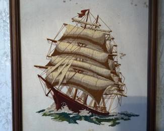 Vintage Embroidered Sailing Ship Artwork