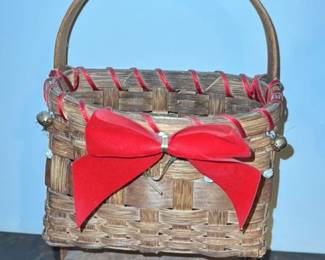 Vintage Wicker Sleigh Basket with Red Bow and Bells