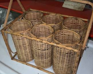 Vintage Wicker Rattan 6 Bottle Wine Rack