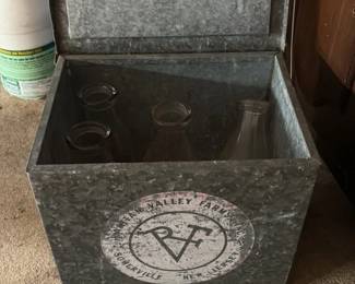 Vintage Galvanized Metal Milk Crate with "Valley Farms" Logo