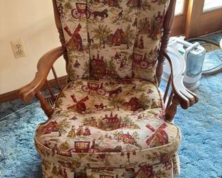 Vintage Upholstered Rocking Chair with Country Scene Fabric