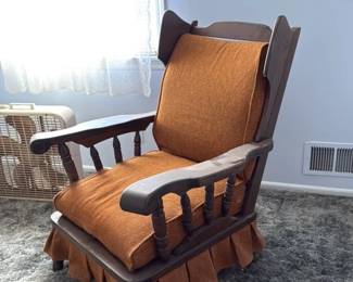 Vintage Wooden Rocking Chair with Orange Upholstery