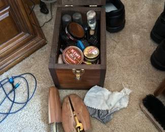 Wooden Shoe Care Box with Contents and Cedar Shoe Trees