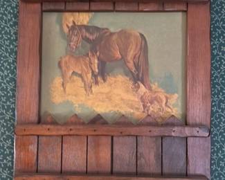 Vintage Horse Painting in Rustic wooden frame