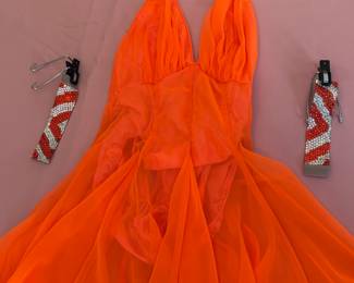 ball room dancing gown -orange halter with cuffs