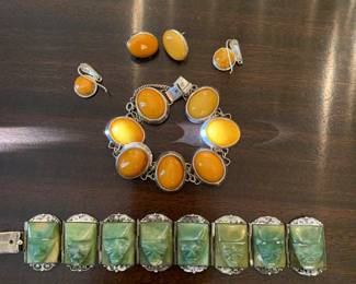 Sterling and amber; Sterling and carved stones -Mexico