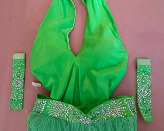 ball room dancing gown -green halter two-piece Latin with matching stoned wristbands, $195 -available for pre-sale