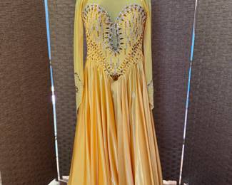 Ball room dancing gown, gold American smooth gown with great workable skirt, worn by former Pro-Am American smooth champion: $295 -available for pre-sale