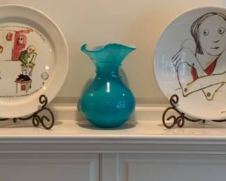 Elisa Cossonnet painted pottery; Arthur Court; art glass vase, large easels