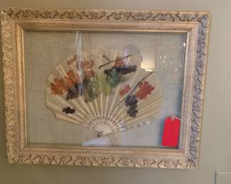 Antique hand painted framed fan -large