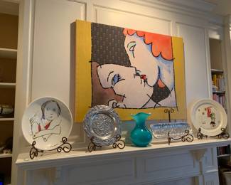 Large Paul Harmon over the mantle, art glass vase, large Elisa Collonnett ceramics, Arthur Court pewter