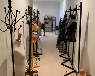 clothing racks, mannequins, wire racks