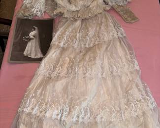 1906 Edwardian wedding gown with photo of bride wearing the gown
