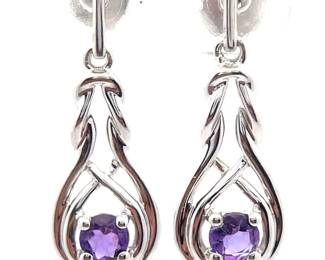Round Natural Amethyst Love Knot Infinity Symbol Dangle Earrings