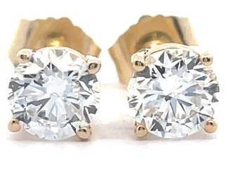 Classic 1 Carat Diamond Round Solitaire Stud Earrings in 14k Yellow Gold