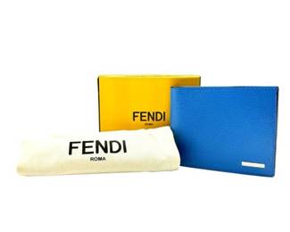 Fendi Blue Textured Leather Bifold Wallet with Box & Dust Bag