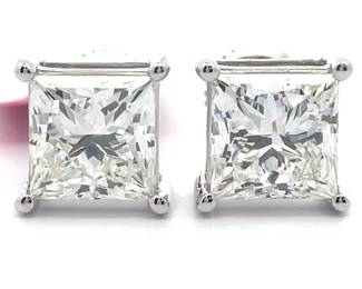 NEW! 4 Carat Diamond Princess Cut Solitaire Stud Earrings in 14k White Gold