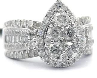 NEW! 2 Carat Natural Diamond Pear Halo Cluster Ring in White Gold