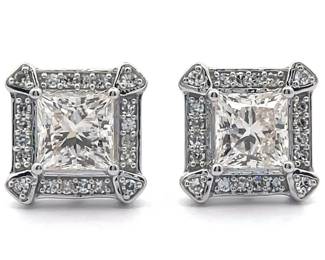 1.50 Carat Princess Cut Diamond Halo Stud Earrings