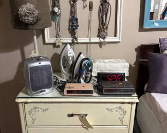 Vintage 3 drawer chest, clocks, irons, jewelry