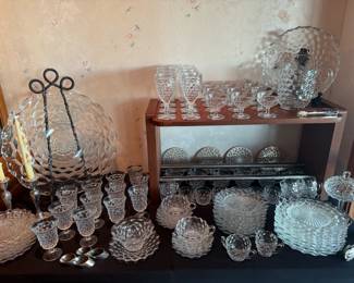 Two tables full of Fostoria American( 180 plus pieces)