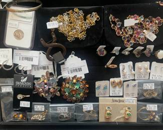 Sterling Earrings, Sterling Black & Stone Hoop Earrings, Rhinestone Floral Moon Brooch, Vtg Autumnal Rhinestone Brooch