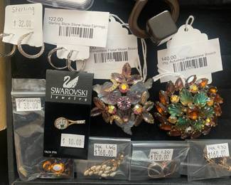 Sterling Earrings, Sterling Black & Stone Hoop Earrings, Rhinestone Floral Moon Brooch, Vtg Autumnal Rhinestone Brooch