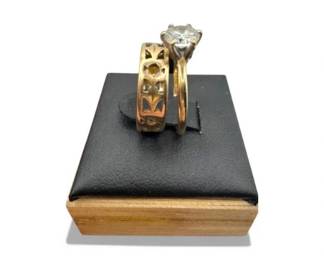 74 Setof2Rings10KGoldCZSolitaireGoldBandwDiamonds431g