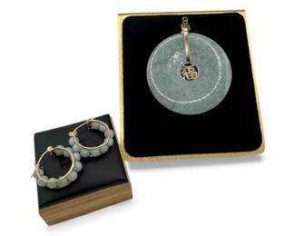 34 14KGoldJadeSetGoodFortunePendantJadeHoopEarrings