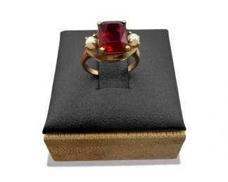 63 10KGoldVintageRingwRubyRedMoissanitePearlsSize2197g