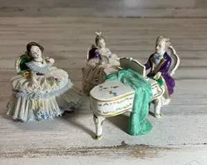 Authentic Dresden Porcelain Trio β Piano, Gentleman, and Ladies with Lace Dresses β Hand Painted Germany