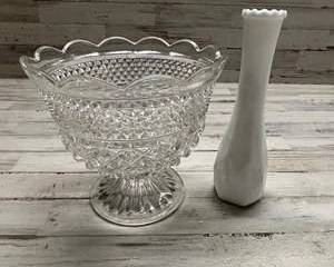 Vintage Pressed Glass Compote Bowl & White Milk Glass Vase Home DΓ©cor Set