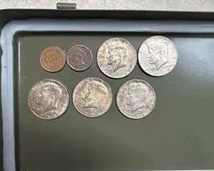 Lot of 7 U.S. Coins β 5 Silver Kennedy Half Dollars (1965β1969), 1863 Indian Head Cent, Wheat Penny